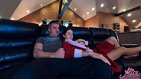 Busty brunette babe sucks cock, then rides in doggystyle, cumming after tv