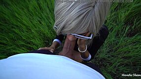 Cute Blonde in Glasses Sucks Cock in Public Park, Swallows Cum in Mouth POV Blowjob