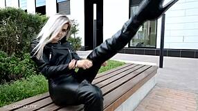 Russian Blonde in Full Leather Teasing Her Ass