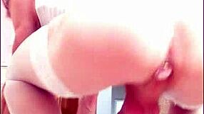 hey, this shemale in stockings shows off her big cock for you