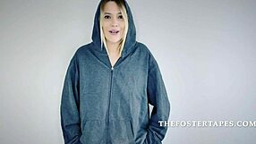 Teen 18+ kneels for her foster parents in a wild threesome roleplay