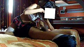 Hot schoolgirl gets fucked passionately in hotel room under skirt!