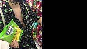 girlfriend walking with vibrator in shopping
