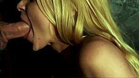 Sexy blonde Sarah swallows huge cock at glory hole