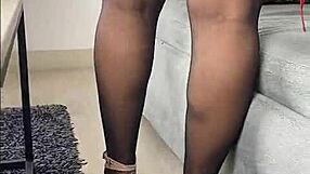 Latina Milf Kenia Teases In Black Stockings And Red Satin Dress. She Shows Heels And Panties.