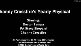 Doctor Tampa conducts Channy Crossfire's yearly gyno exam. Nurse Stacy Shepard assists in Florida hospital.