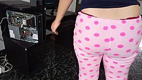 Sneaking to fuck neighbor while she's alone on computer, risking boyfriend's discovery.