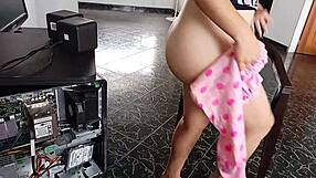 Sneaking to fuck neighbor while she's alone on computer, risking boyfriend's discovery.