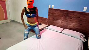 My brunette stepsister wants to celebrate Halloween in hotel bed