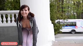 Jeny Smith Flashes White Pantyhose in Sporty Outdoor Look