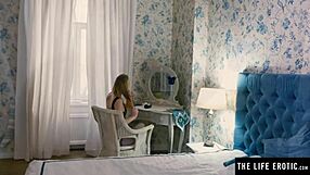 I'm a horny blonde in fishnets, riding my huge black dildo doggy style.