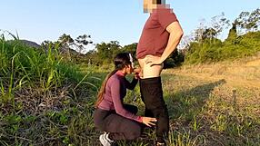 In the woods, she gives her asshole and cums quickly as he fills her pussy