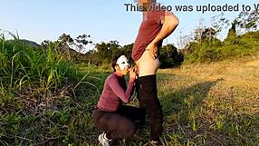 In the woods, she gives her asshole and cums quickly as he fills her pussy