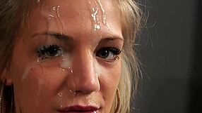 British Skank Gets Facial After Intense Cocksucking In Stockings