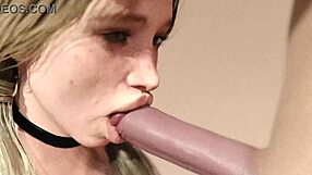 blond girl giving suggestive blowjob to big white monster cock