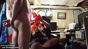 Blonde mistress dominates masked slave with cumshot and bdsm fetish involving candle wax and ashes on his dick