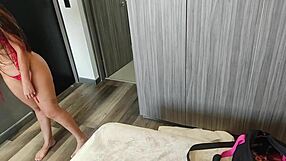 Hidden cam catches webcam model testing new thong with big tits and ass