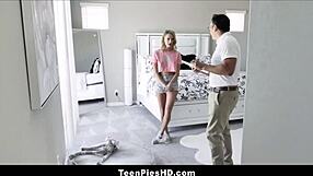 cute skinny blonde teen emma hix gets creampie from landlord for deposit, licking and blowing to orgasm