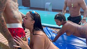 Pool party turns wild with friend's wife and her young stepdaughter in amateur gay fetish fun