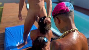 Pool party turns wild with friend's wife and her young stepdaughter in amateur gay fetish fun