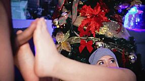 I give my friend a subtle jerk with my feet in teasing fetish play.