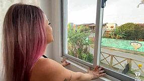 Novinha exposes pussy at window for ex to watch, cum in blowjob