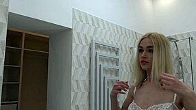 Tattooed girlfriend changes panties in bathroom close-up