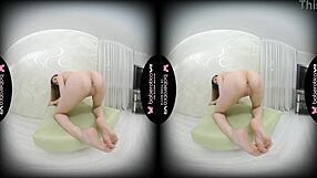 Solo brunette Vika Lita intensely finger fucks her wet shaved pussy in VR