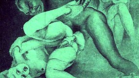 Detailed vintage erotic cartoon illustration featuring antique interracial anime hentai scenes