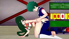 ochako, himiko, tsuyu with izuku in wild 3p hentai action.