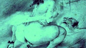 Detailed vintage erotic cartoon illustration featuring antique interracial anime hentai scenes