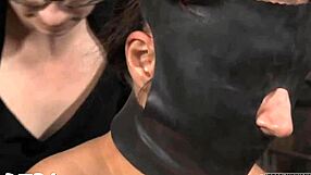 Bound pussy in missionary position with rough blowjob