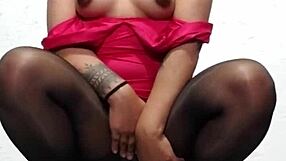 Red Dress And Black Stockings For Stocking Lovers' Masturbation Pleasure