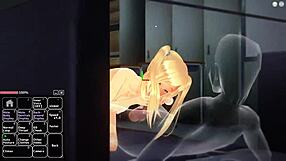 Blonde girl in anime hentai having fun with friends.