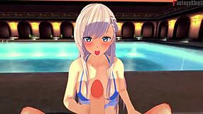 Belfast from Azur Lane invites me to the pool for some sucking fun.