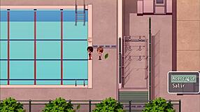 Fucks in bathroom and spies on pool