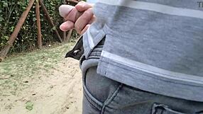 risky handjob on the street, redhead caught me jerking off