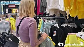 gf givin’ a blowjob in the changin’ booth, oops, almost caught!