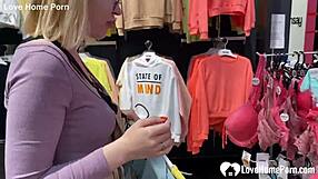 gf givin’ a blowjob in the changin’ booth, oops, almost caught!