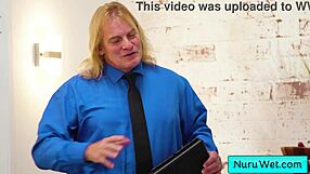 Busty teen masseuse applies nuru gel and rubs client