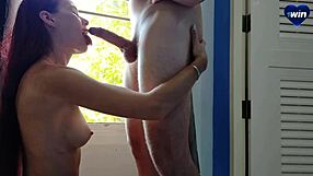 Sweet blowjob from hot girl with sunset view from window in dorm