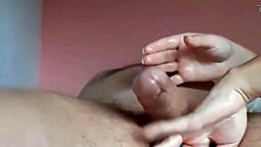 teen rubbing shaved pussy while jerking cock until cumshot