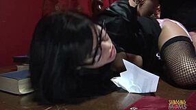 Teacher in fishnet stockings gets her tight pussy penetrated after face fucking