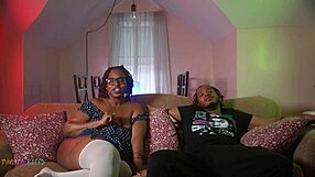 Podcast interview gets freaky with curvy ebony babe.