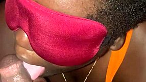 blind-folded ebony lesbian cheats on girlfriend... sucking big black cock and getting fucked hard!