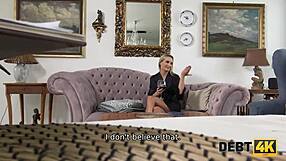 debt4k blue-eyed blonde housewife sucks and rides for debt!