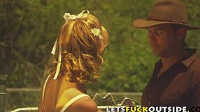 A country couple in cosplay fucks outdoors in public with big cock