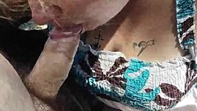 Horny bbw gives intense outdoor blowjob in public