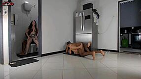 Spying on mom fucking stepdad in kitchen, so I give my ass to stepbrother in bathroom.