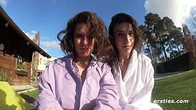 Hairy babes lick and finger pussies in sauna shower